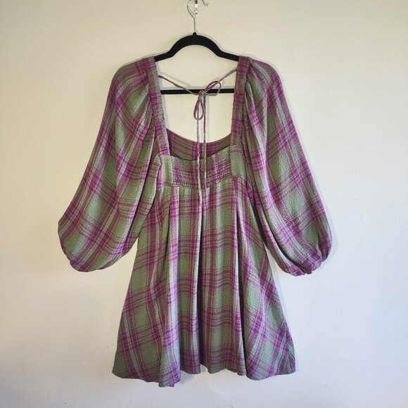 Urban Outfitters Plaid Babydoll Mini Dress Puff Sleeves School Girl Grunge Small - Picture 4 of 7